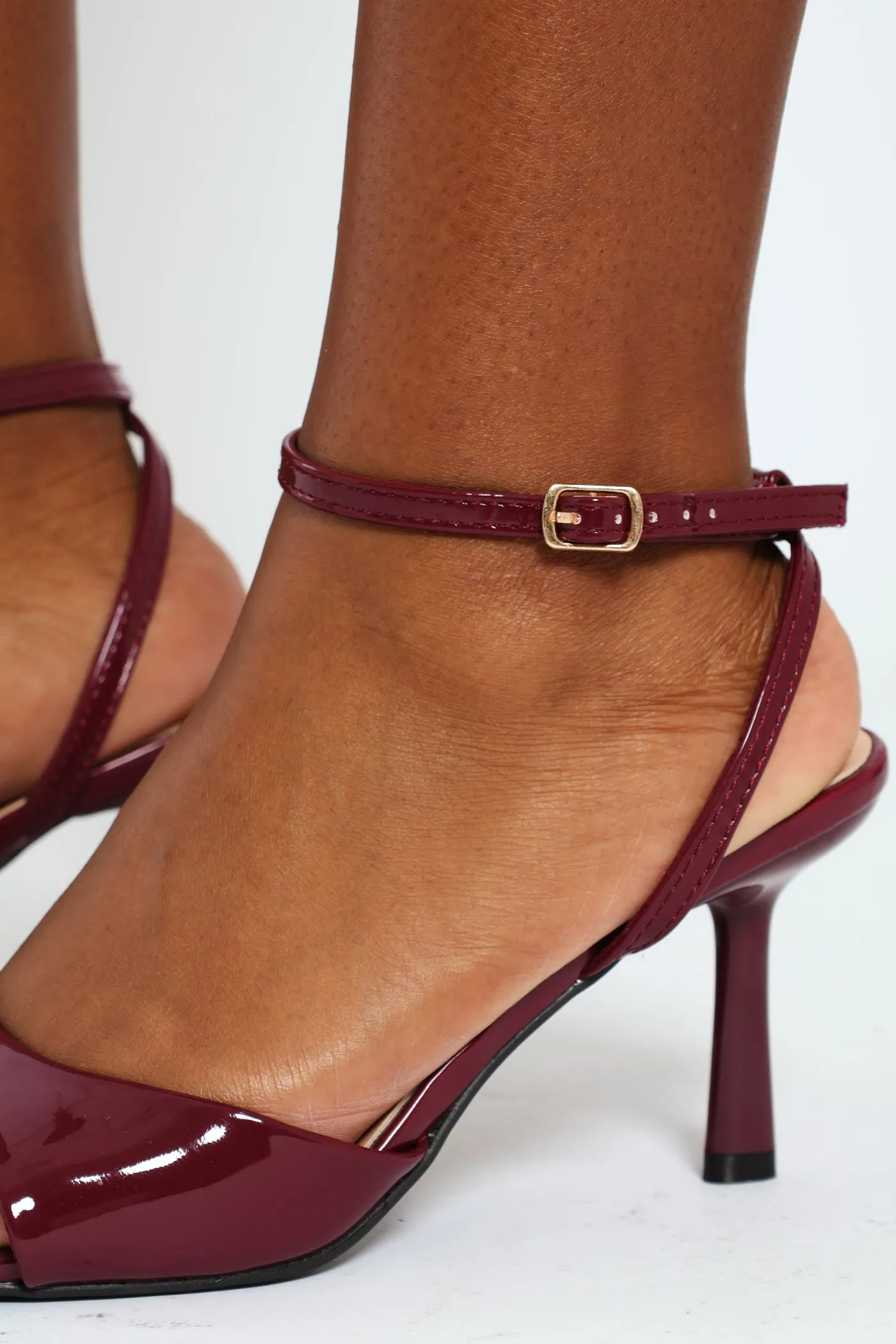 Ankle Buckle Mid Stiletto Patent Mule Heel - Burgundy