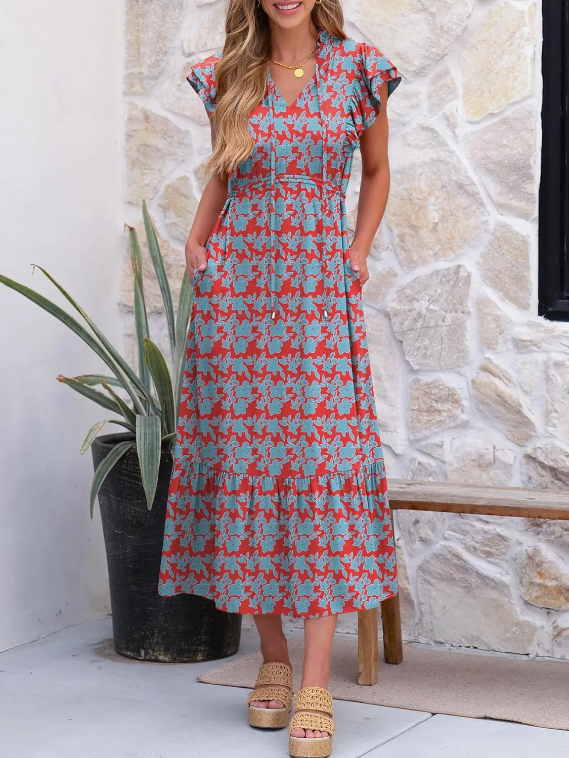 ANRABESS Womens Summer Casual Dresses Cap Sleeve V Neck Maxi Dress Flowy A Line Tiered Boho Beach Vacation Sundress