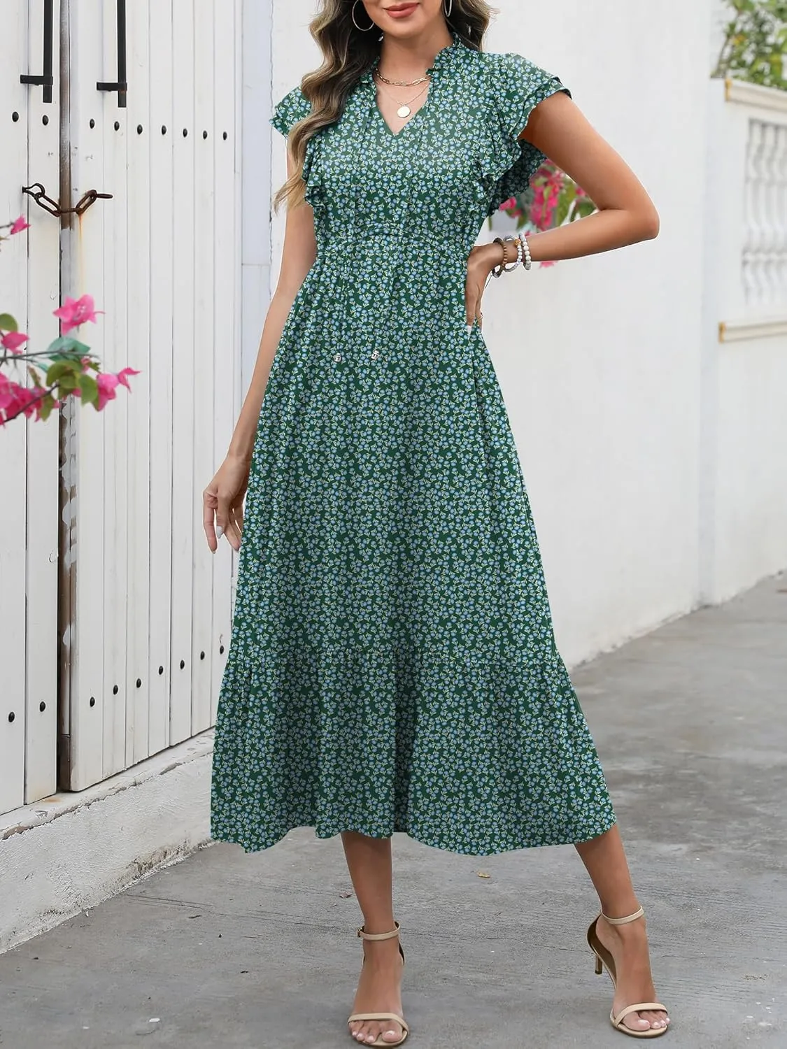 ANRABESS Womens Summer Casual Dresses Cap Sleeve V Neck Maxi Dress Flowy A Line Tiered Boho Beach Vacation Sundress