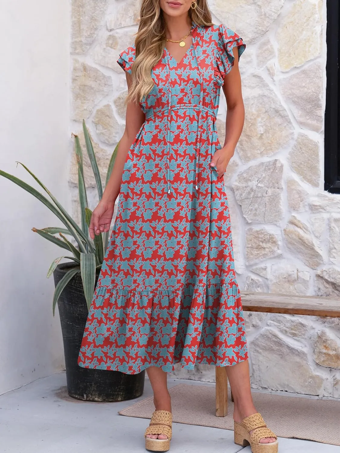 ANRABESS Womens Summer Casual Dresses Cap Sleeve V Neck Maxi Dress Flowy A Line Tiered Boho Beach Vacation Sundress