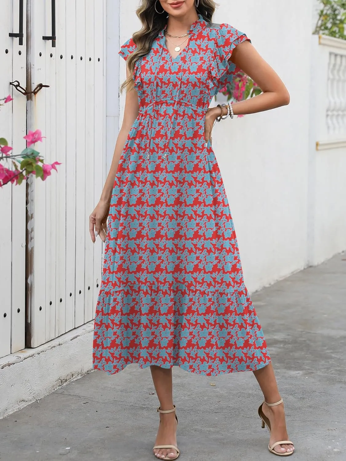 ANRABESS Womens Summer Casual Dresses Cap Sleeve V Neck Maxi Dress Flowy A Line Tiered Boho Beach Vacation Sundress