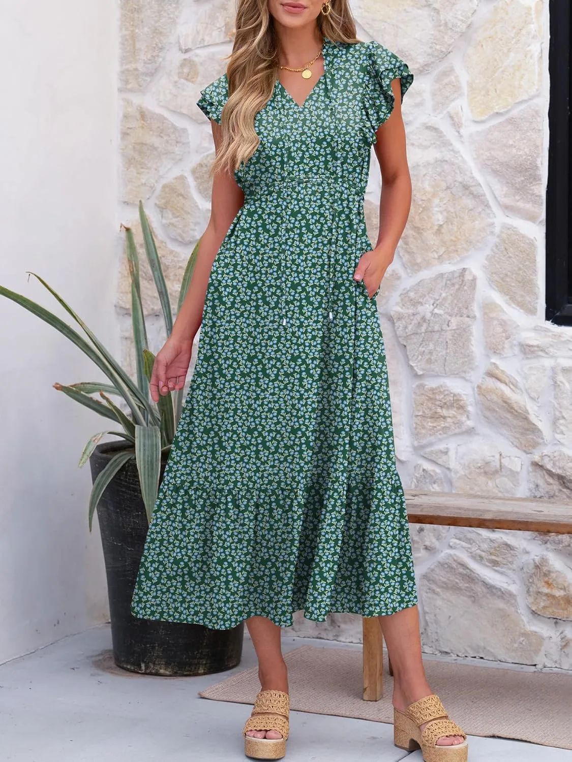 ANRABESS Womens Summer Casual Dresses Cap Sleeve V Neck Maxi Dress Flowy A Line Tiered Boho Beach Vacation Sundress