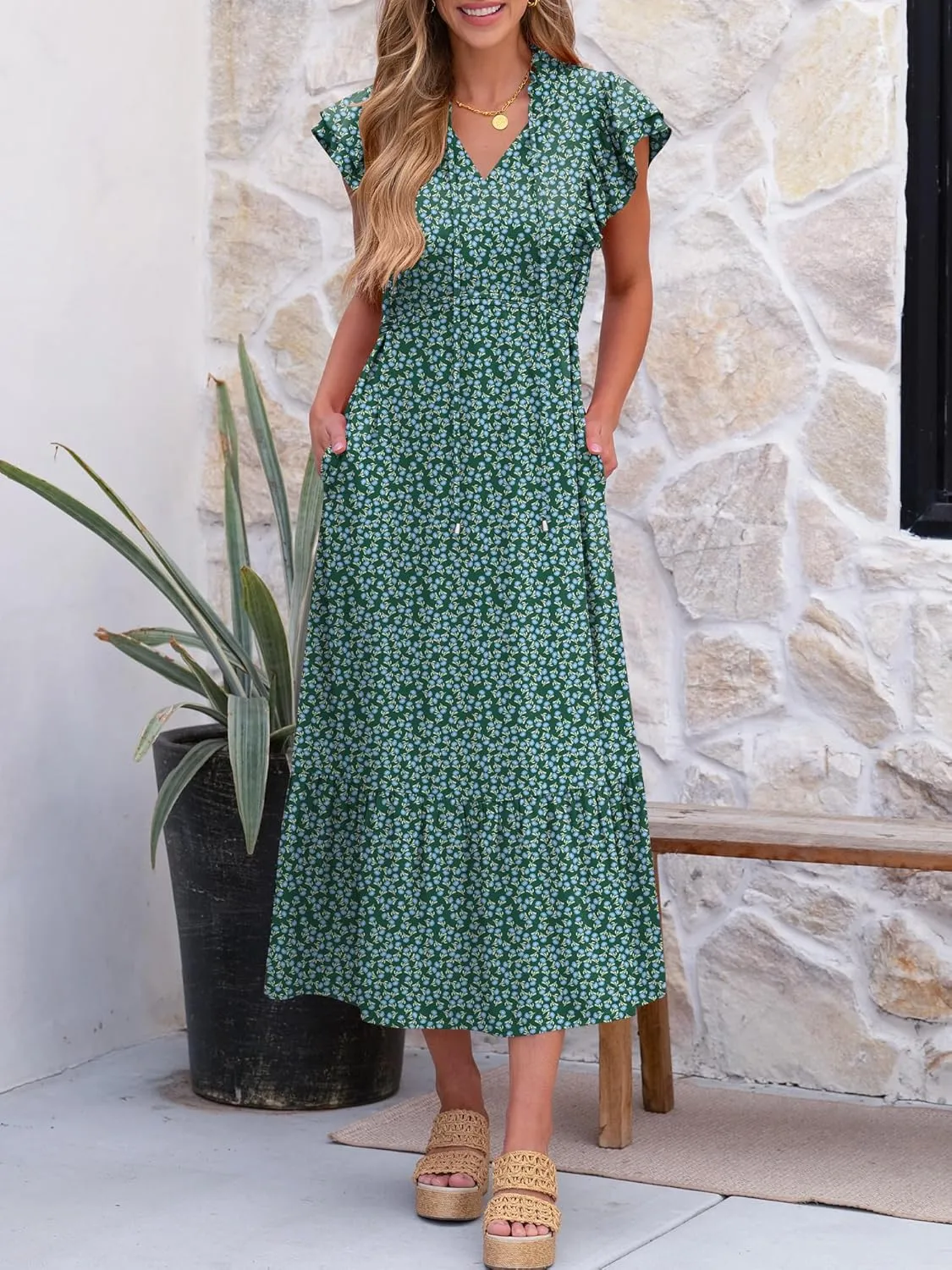ANRABESS Womens Summer Casual Dresses Cap Sleeve V Neck Maxi Dress Flowy A Line Tiered Boho Beach Vacation Sundress