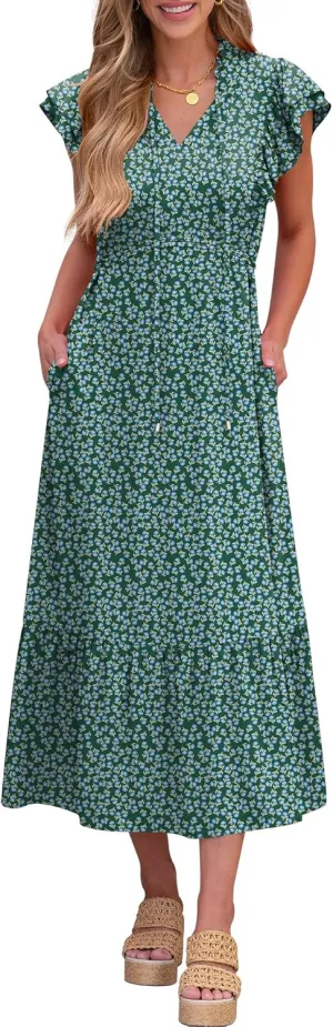 ANRABESS Womens Summer Casual Dresses Cap Sleeve V Neck Maxi Dress Flowy A Line Tiered Boho Beach Vacation Sundress