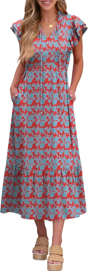 ANRABESS Womens Summer Casual Dresses Cap Sleeve V Neck Maxi Dress Flowy A Line Tiered Boho Beach Vacation Sundress