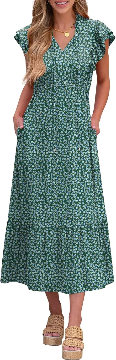 ANRABESS Womens Summer Casual Dresses Cap Sleeve V Neck Maxi Dress Flowy A Line Tiered Boho Beach Vacation Sundress