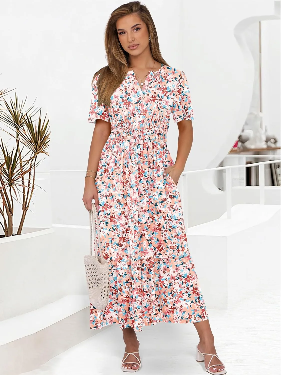 ANRABESS Women's Summer Short Sleeve Maxi Dress 2025 Casual V Neck High Waist A-Line Flowy Loose Tiered Boho Long Dresses