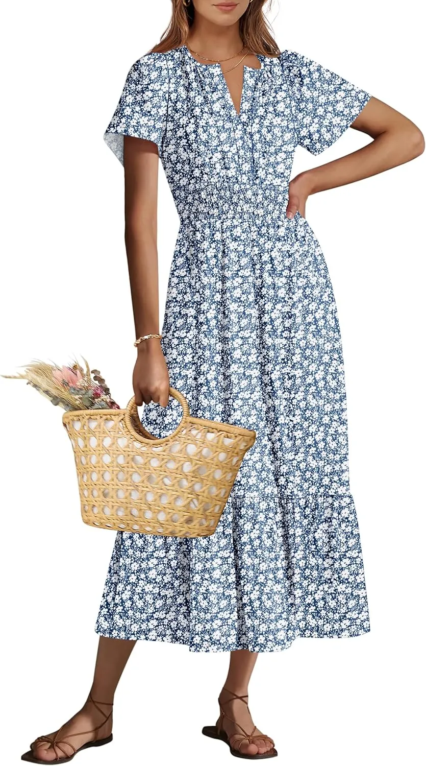 ANRABESS Women's Summer Short Sleeve Maxi Dress 2025 Casual V Neck High Waist A-Line Flowy Loose Tiered Boho Long Dresses