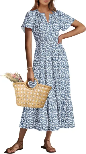 ANRABESS Women's Summer Short Sleeve Maxi Dress 2025 Casual V Neck High Waist A-Line Flowy Loose Tiered Boho Long Dresses