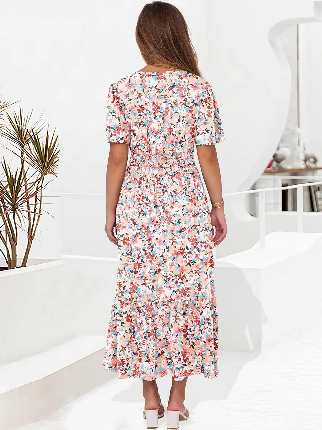 ANRABESS Women's Summer Short Sleeve Maxi Dress 2025 Casual V Neck High Waist A-Line Flowy Loose Tiered Boho Long Dresses