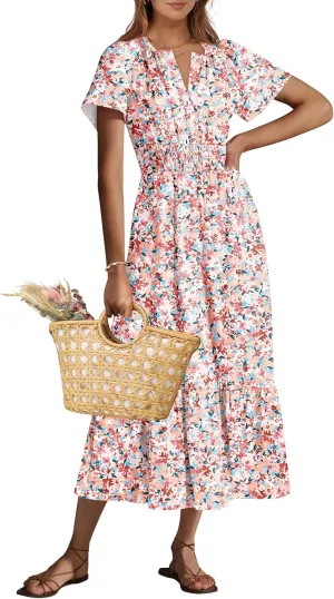 ANRABESS Women's Summer Short Sleeve Maxi Dress 2025 Casual V Neck High Waist A-Line Flowy Loose Tiered Boho Long Dresses