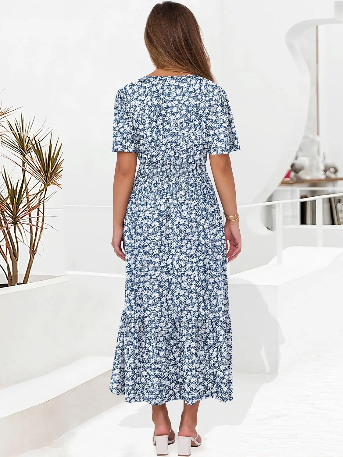 ANRABESS Women's Summer Short Sleeve Maxi Dress 2025 Casual V Neck High Waist A-Line Flowy Loose Tiered Boho Long Dresses