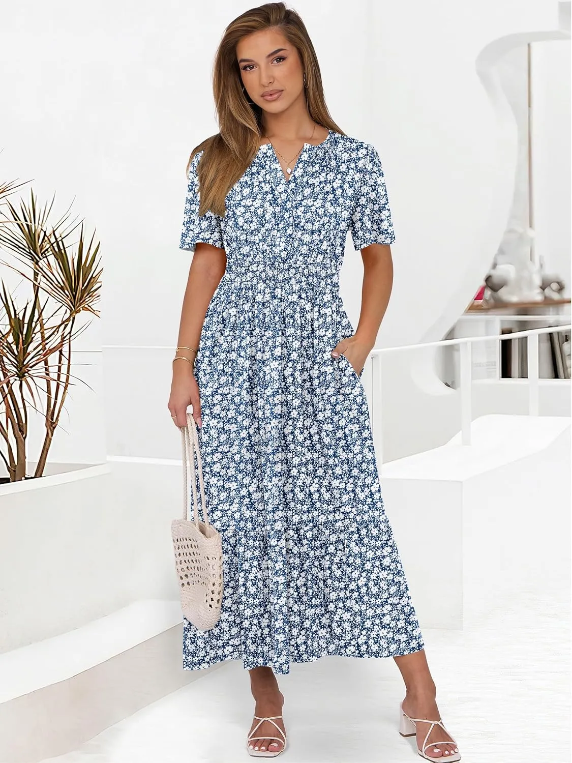 ANRABESS Women's Summer Short Sleeve Maxi Dress 2025 Casual V Neck High Waist A-Line Flowy Loose Tiered Boho Long Dresses