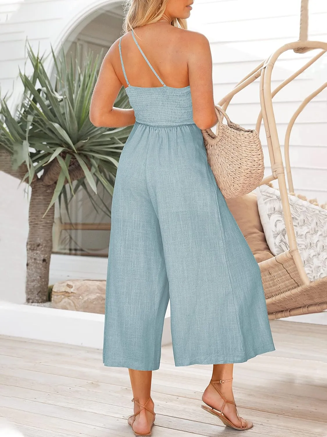 ANRABESS Women's Summer Straps One Shoulder High Waist Dressy Casual Wide Leg Linen Jumpsuit Romper Beach Travel Outfits