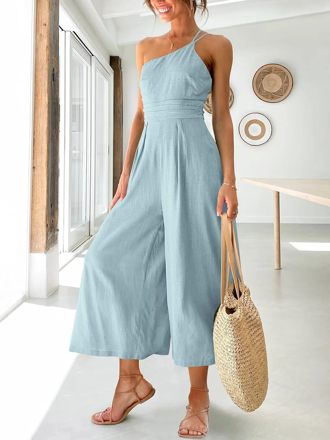 ANRABESS Women's Summer Straps One Shoulder High Waist Dressy Casual Wide Leg Linen Jumpsuit Romper Beach Travel Outfits