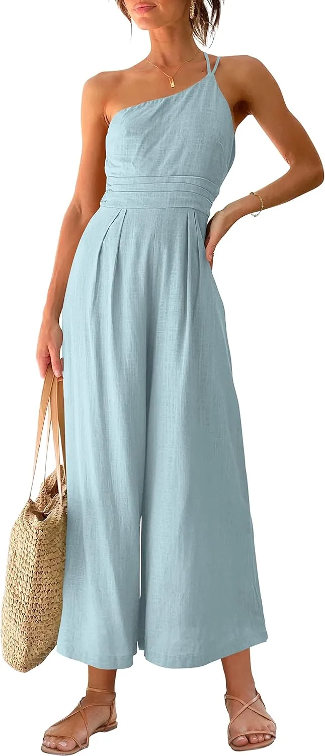 ANRABESS Women's Summer Straps One Shoulder High Waist Dressy Casual Wide Leg Linen Jumpsuit Romper Beach Travel Outfits