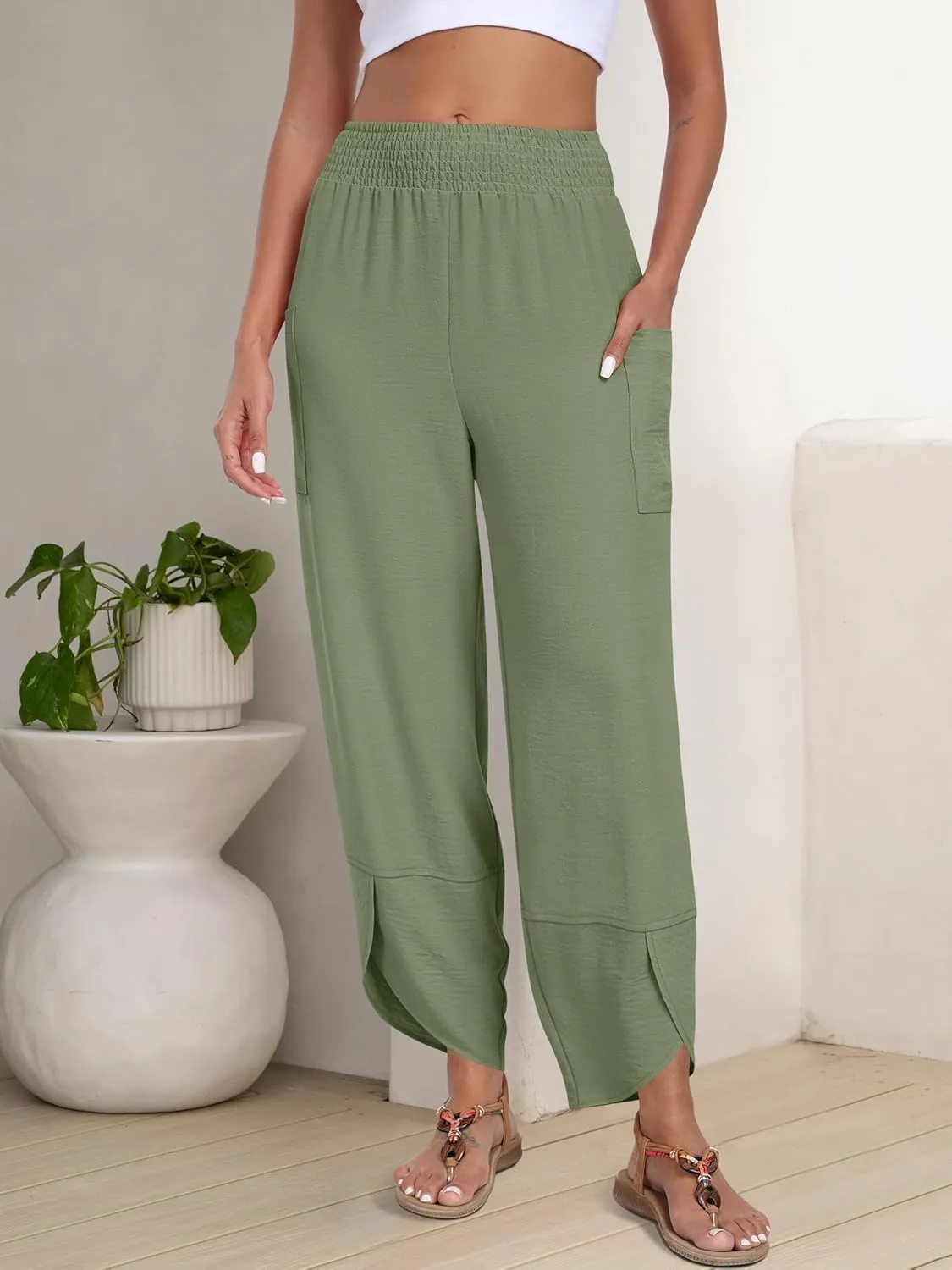ANRABESS Womens Wide Leg Palazzo Capri Pants 2025 Summer Casual Loose High Waisted Lounge Flowy Cropped Beach Work Trousers
