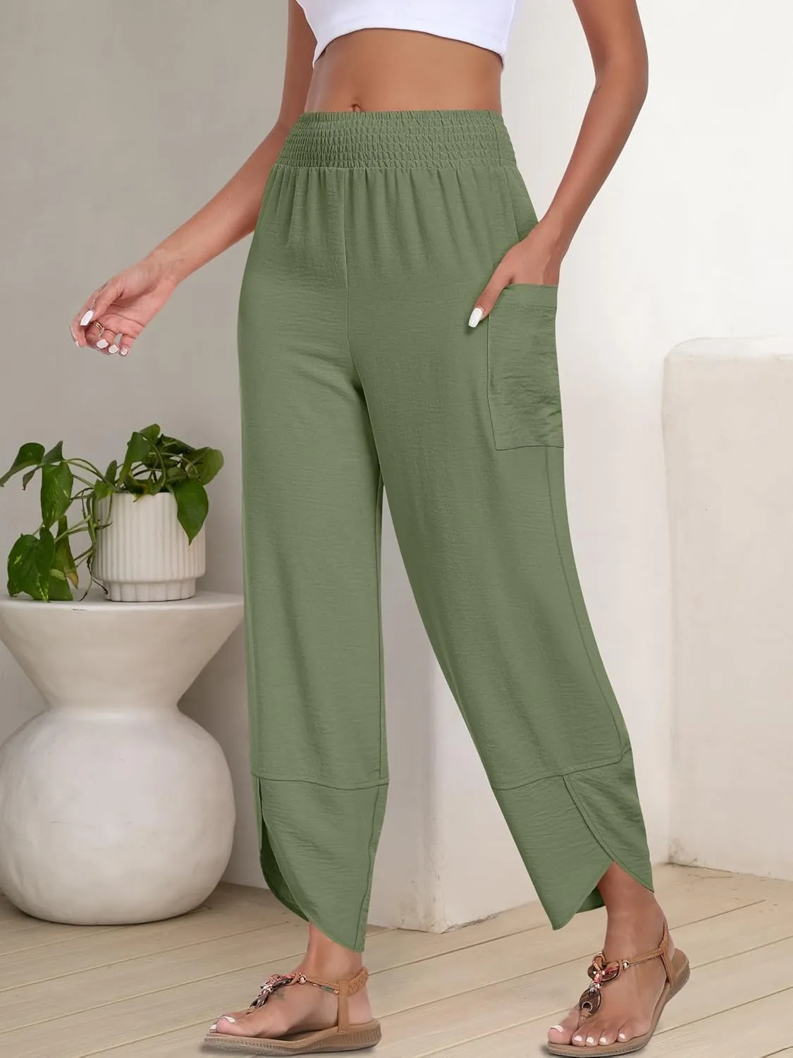 ANRABESS Womens Wide Leg Palazzo Capri Pants 2025 Summer Casual Loose High Waisted Lounge Flowy Cropped Beach Work Trousers