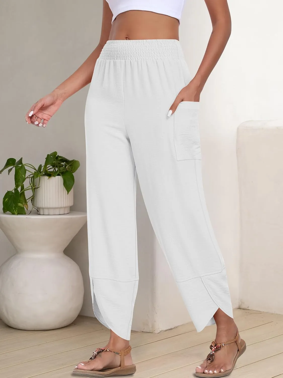 ANRABESS Womens Wide Leg Palazzo Capri Pants 2025 Summer Casual Loose High Waisted Lounge Flowy Cropped Beach Work Trousers