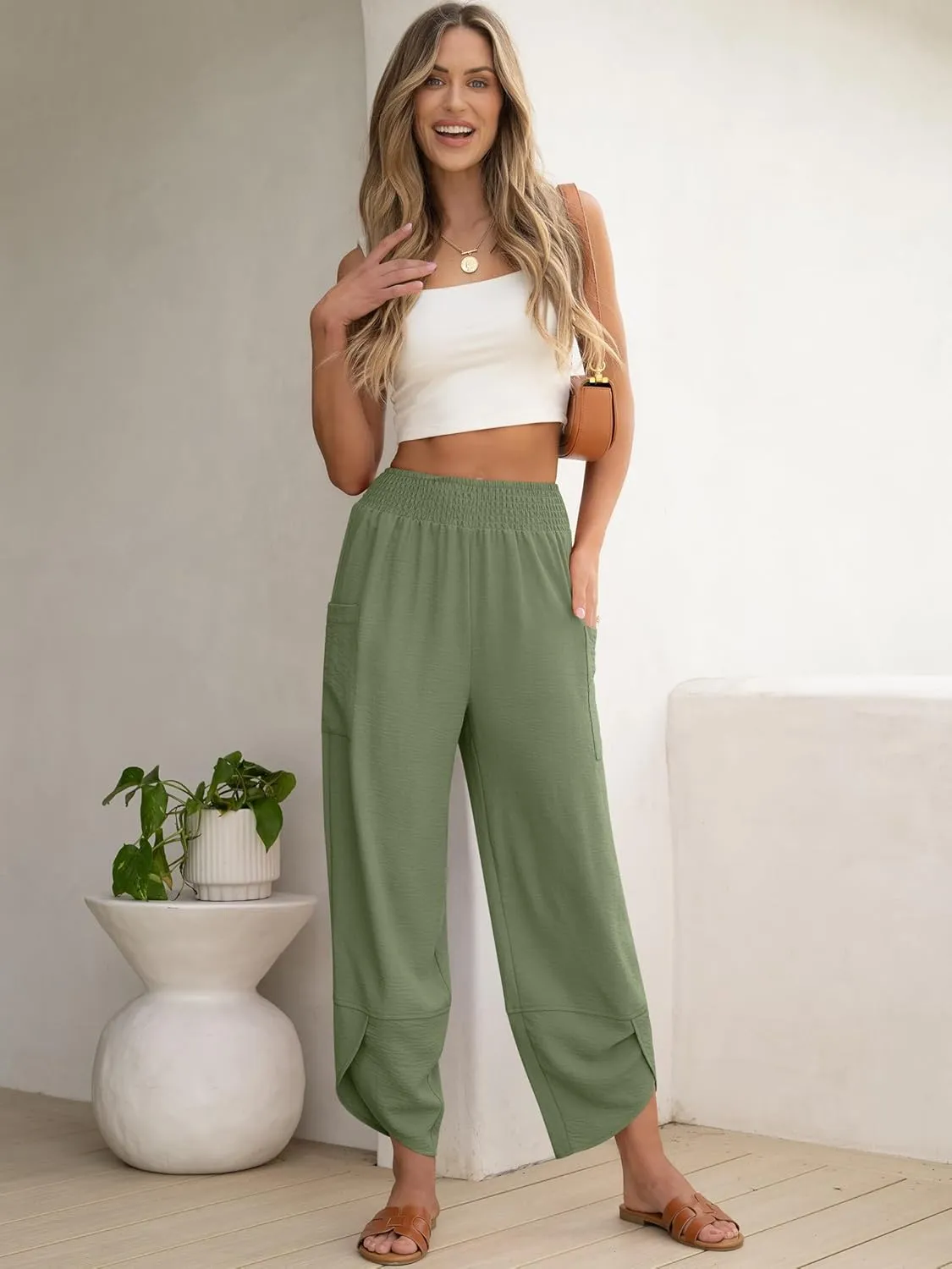ANRABESS Womens Wide Leg Palazzo Capri Pants 2025 Summer Casual Loose High Waisted Lounge Flowy Cropped Beach Work Trousers