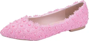 ANUFER Womens Elegant Pointed Toe Flower Lace Pearls Bridal Shoes Pumps Soft Sole Ballet Flats