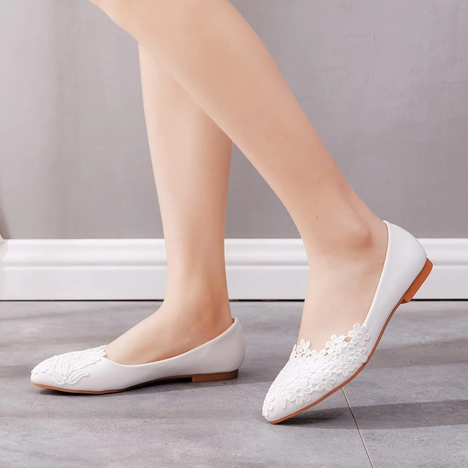 ANUFER Womens Elegant Pointed Toe Flower Lace Pearls Bridal Shoes Pumps Soft Sole Ballet Flats