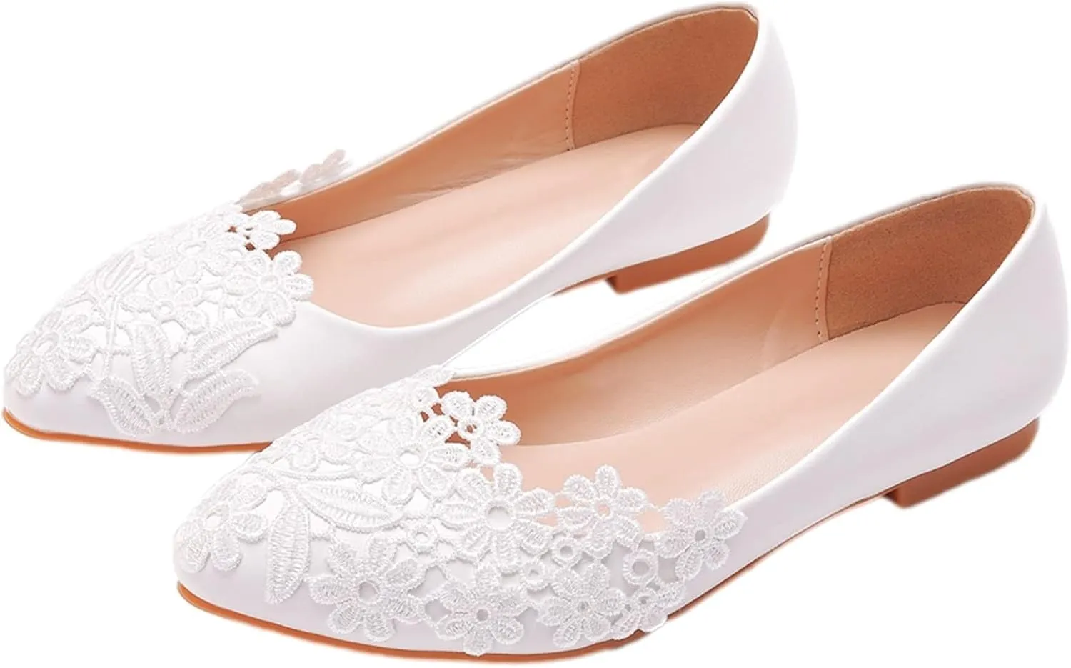 ANUFER Womens Elegant Pointed Toe Flower Lace Pearls Bridal Shoes Pumps Soft Sole Ballet Flats
