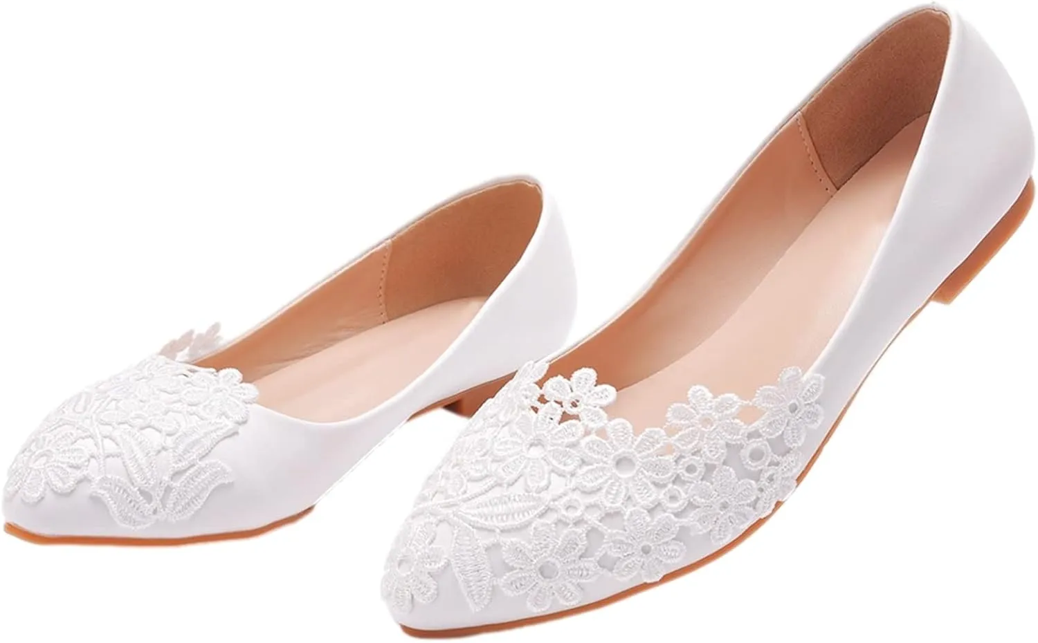 ANUFER Womens Elegant Pointed Toe Flower Lace Pearls Bridal Shoes Pumps Soft Sole Ballet Flats