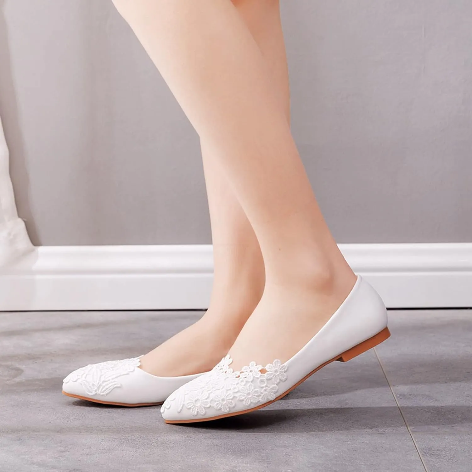 ANUFER Womens Elegant Pointed Toe Flower Lace Pearls Bridal Shoes Pumps Soft Sole Ballet Flats