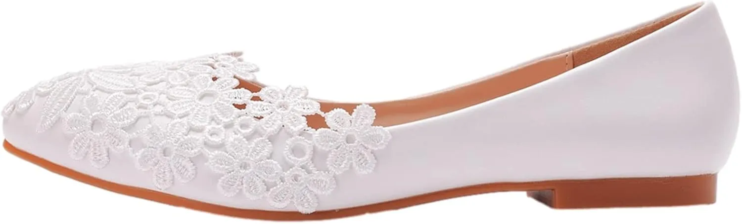 ANUFER Womens Elegant Pointed Toe Flower Lace Pearls Bridal Shoes Pumps Soft Sole Ballet Flats
