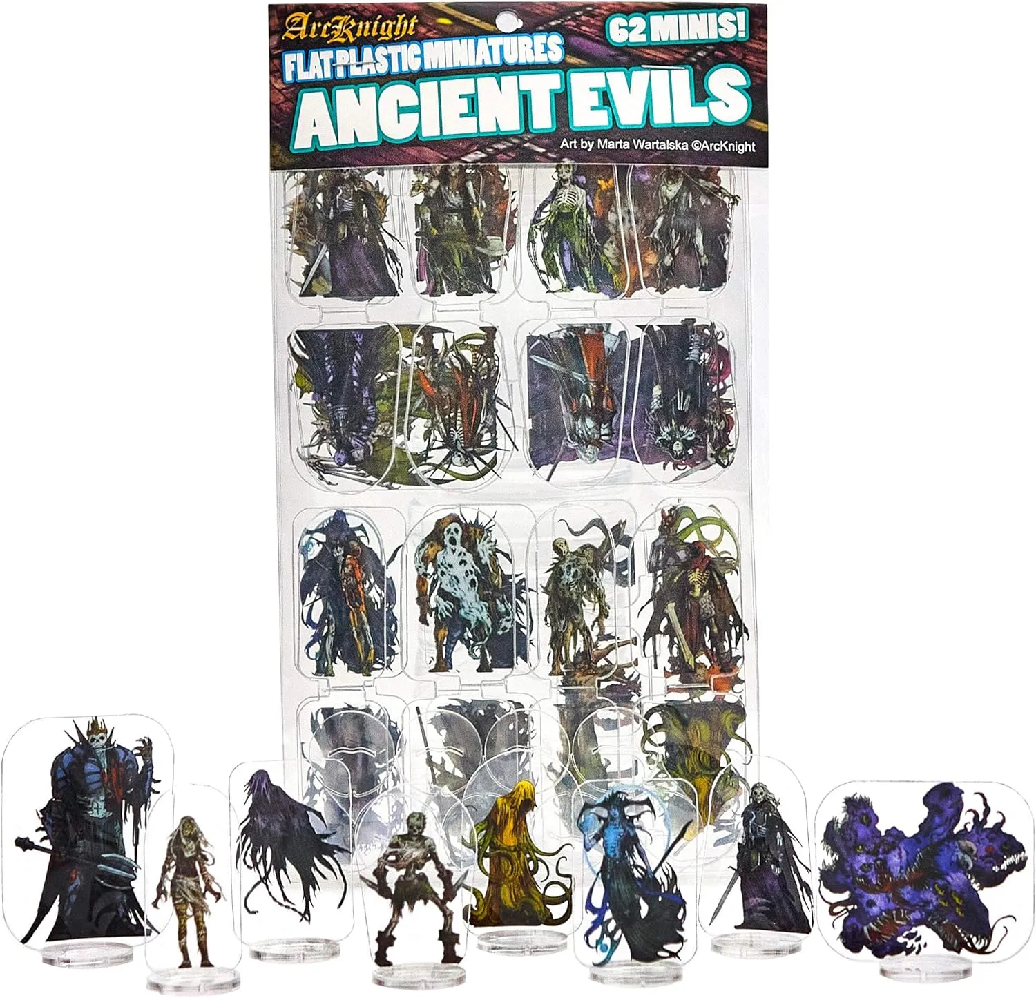 Arcknight Flat Plastic Miniatures: Ancient Evils; 62 Unique Evil-Themed Minis for DND 5e and Pathfinder; Affordable, Skinny Figurines for Dungeons and Dragons and Other Tabletop RPG Games