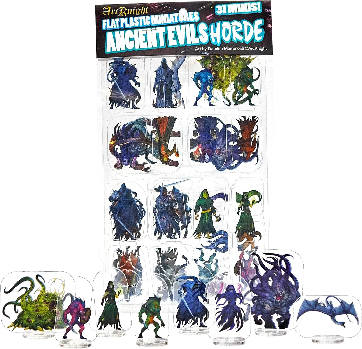 Arcknight Flat Plastic Miniatures: Ancient Evils Horde; 31 Unique Evil-Themed Enemy Minis for DND 5e and Pathfinder; Affordable, Skinny Figurines for Dungeons and Dragons and Other Tabletop RPG Games