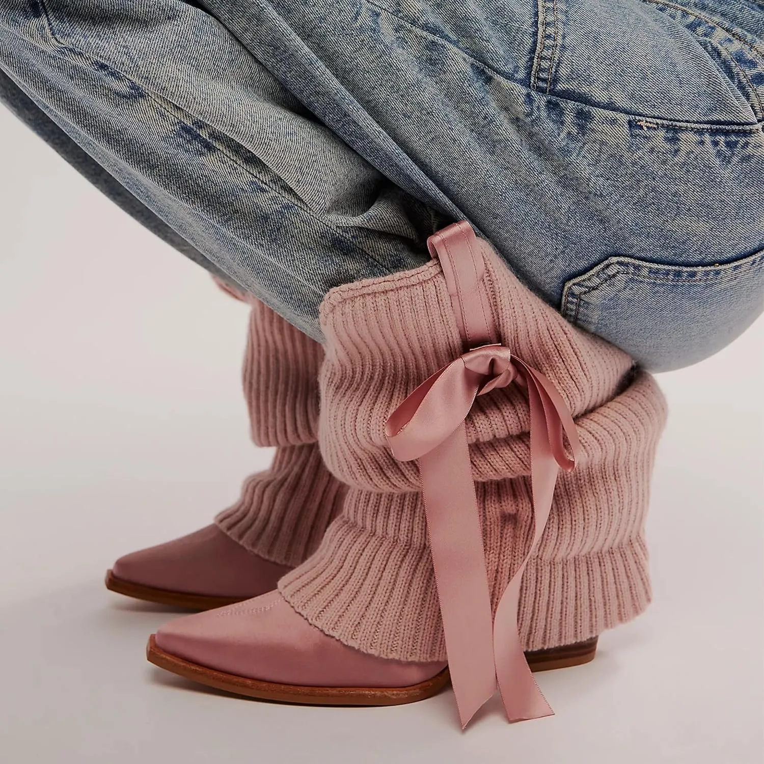 Arqa Women's Bows Western Boots Knitted Fold Over Ballet Style Ankle Boots for Women Pointed Block Heel Embroidery Cowgirl Booties