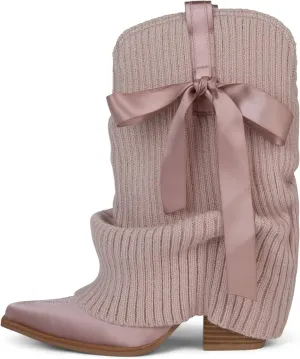 Arqa Women's Bows Western Boots Knitted Fold Over Ballet Style Ankle Boots for Women Pointed Block Heel Embroidery Cowgirl Booties