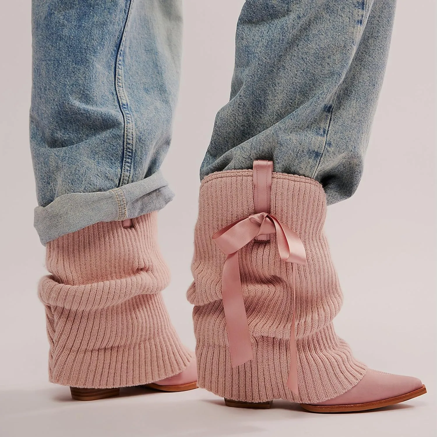 Arqa Women's Bows Western Boots Knitted Fold Over Ballet Style Ankle Boots for Women Pointed Block Heel Embroidery Cowgirl Booties