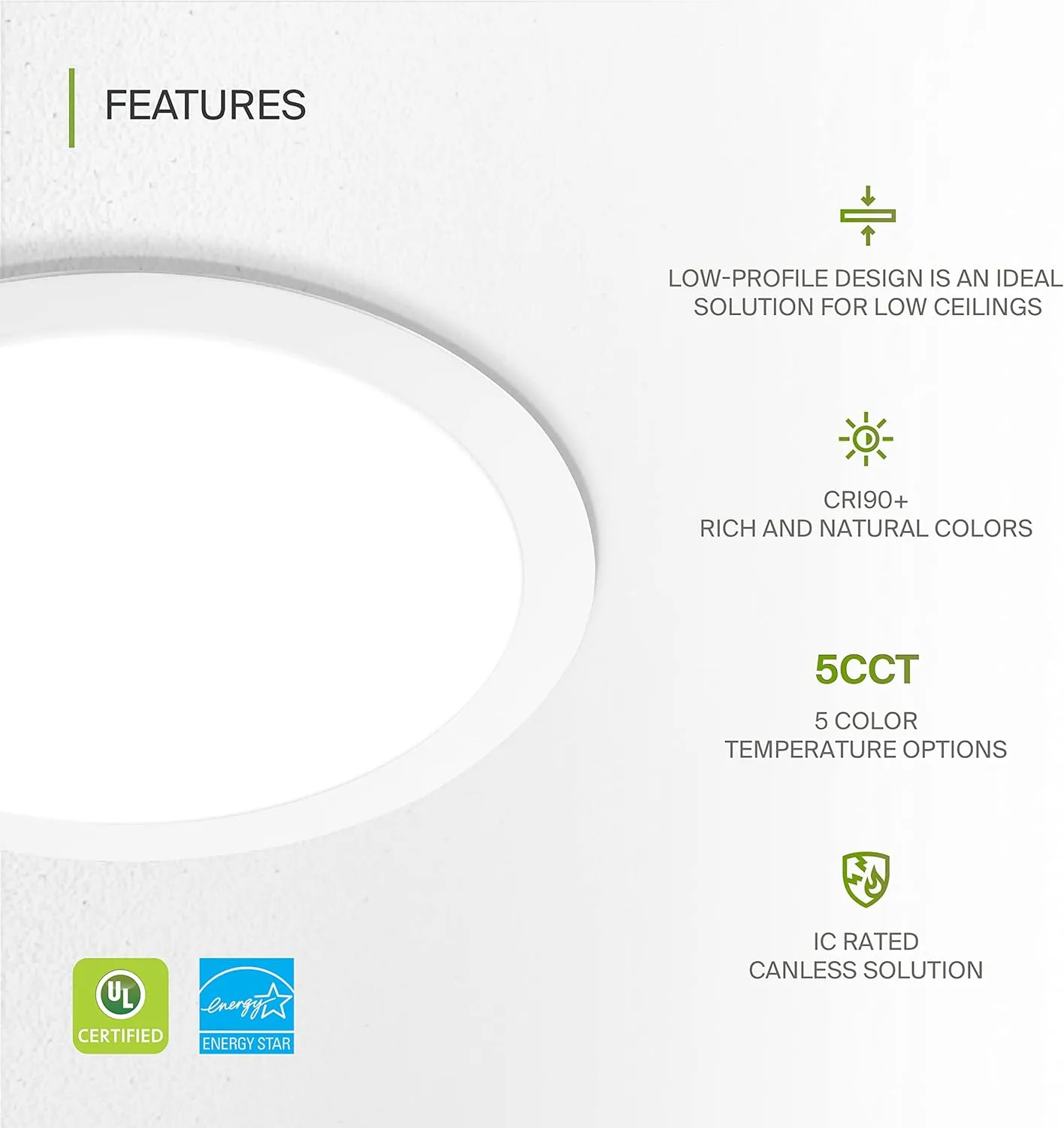 ASD 1 Pack 12 Inch LED Recessed Lighting, 5 CCT 2700K-5000K CRI90 , 24W 90W Eqv, Ultra Thin Dimmable Ceiling Lights with J Box, Canless Wafer Downlight, Round Slim Panel Light, UL Energy Star, White
