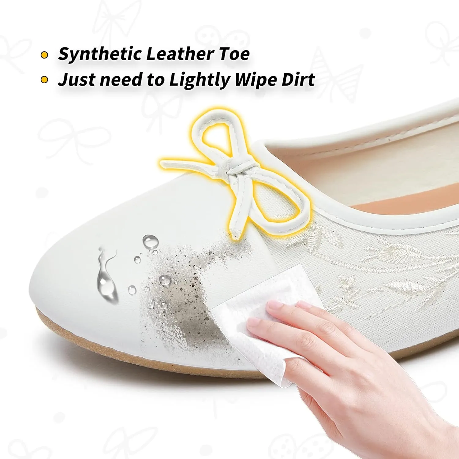 BABUDOG Womens Flats Shoes with Pomegranate Embroidery,White Flats with Bow,Comfortable Round-Toe Flats Shoes,Black Dress Shoes for Women(Soft Memory Foam Insole)