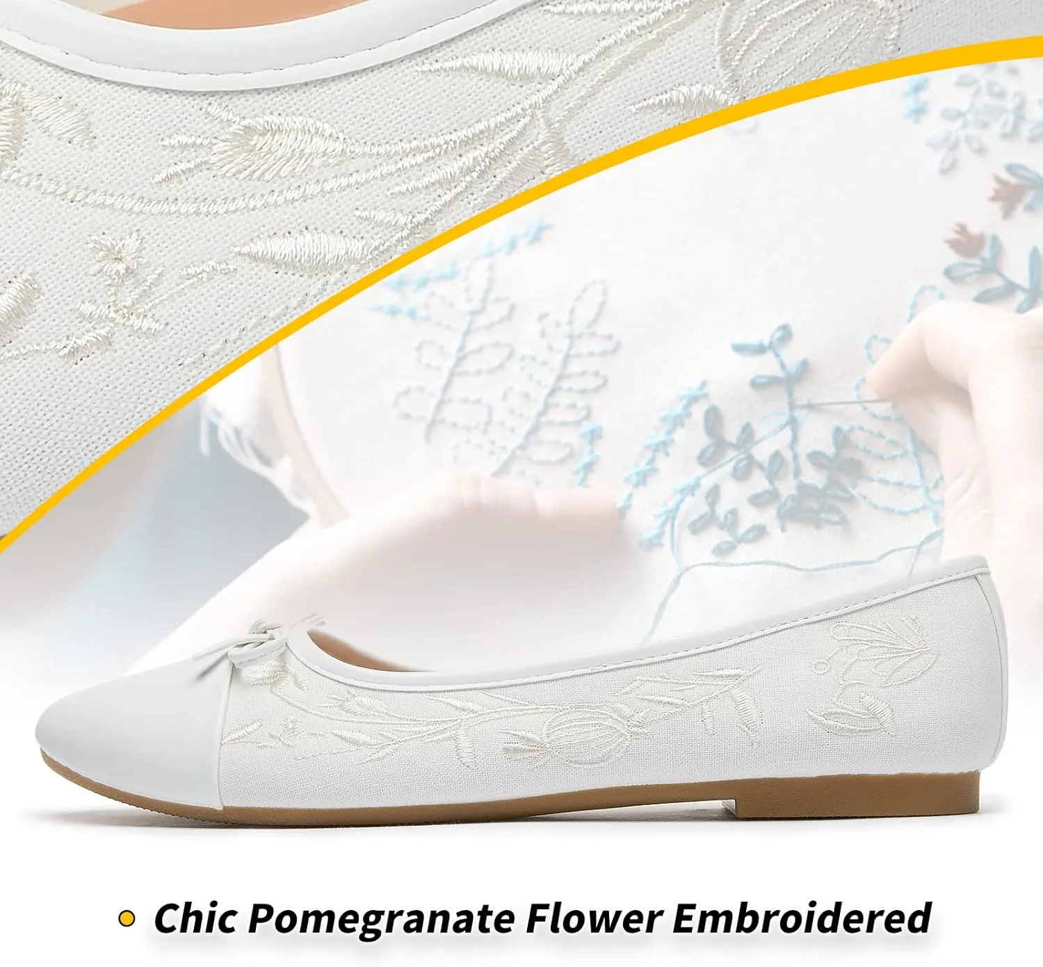 BABUDOG Womens Flats Shoes with Pomegranate Embroidery,White Flats with Bow,Comfortable Round-Toe Flats Shoes,Black Dress Shoes for Women(Soft Memory Foam Insole)