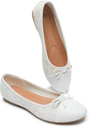 BABUDOG Womens Flats Shoes with Pomegranate Embroidery,White Flats with Bow,Comfortable Round-Toe Flats Shoes,Black Dress Shoes for Women(Soft Memory Foam Insole)