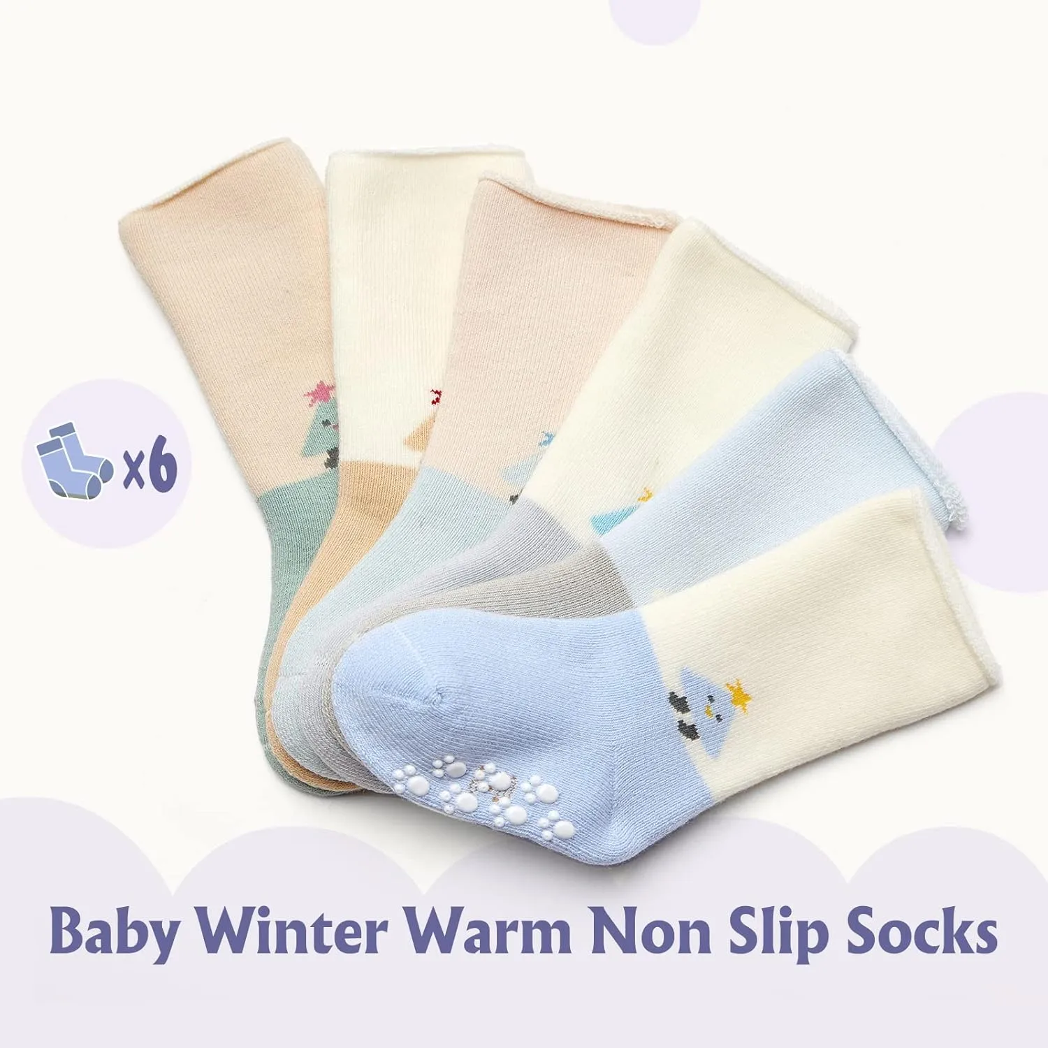Baby Winter Socks Non Slip Warm Socks with Grips for Baby Boys Girls Fuzzy Terry Stars Color 6 Pack