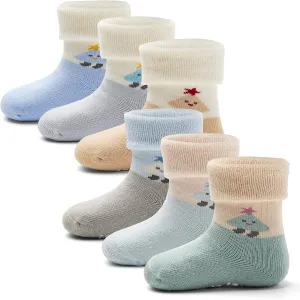 Baby Winter Socks Non Slip Warm Socks with Grips for Baby Boys Girls Fuzzy Terry Stars Color 6 Pack