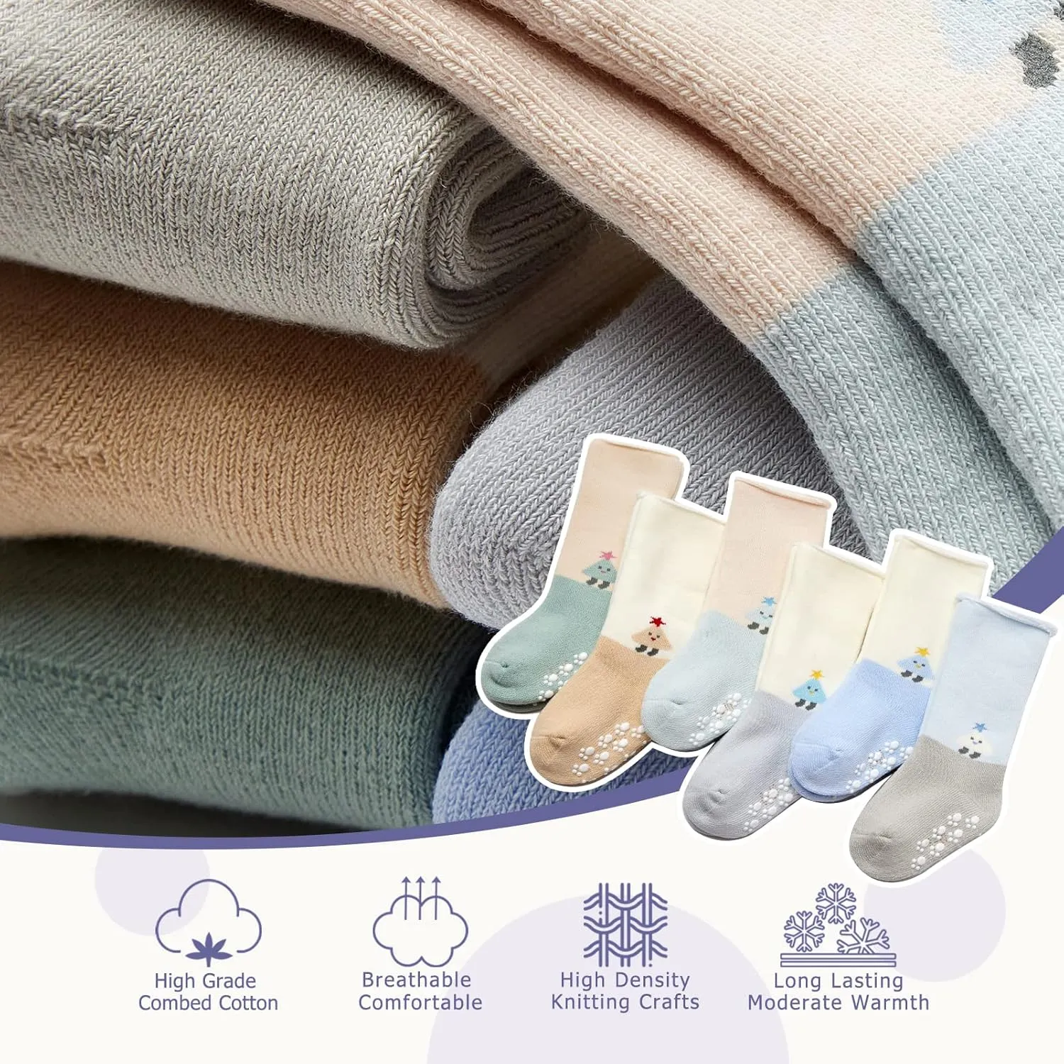 Baby Winter Socks Non Slip Warm Socks with Grips for Baby Boys Girls Fuzzy Terry Stars Color 6 Pack