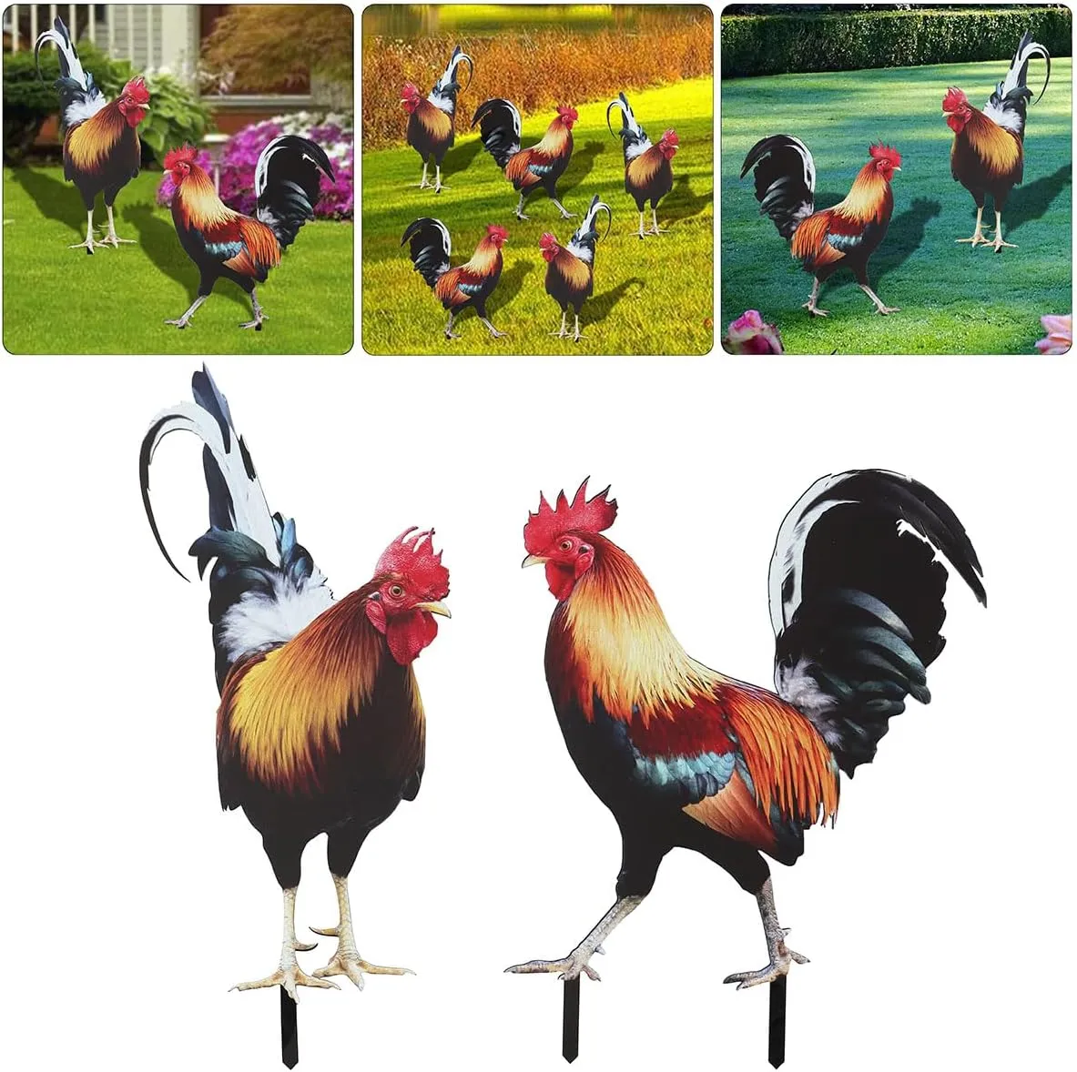 Bad Piggies Acrylic Rooster Yard Chicken Outdoor Garden Stakes Animal Chicken Statues Yard Art Rooster Garden Decor for Pathway Patio Lawn Ornament, Rooster Stakes - Flat Not 3D (2 PCS, Pattern B)