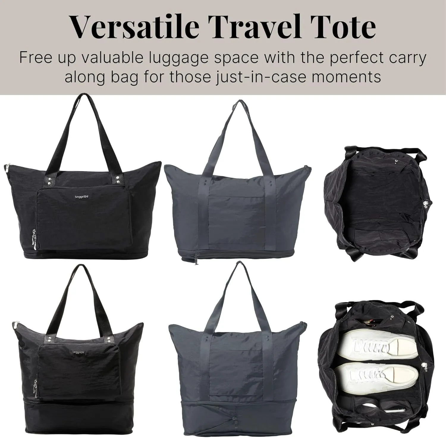 Baggallini Carryall Expandable Lightweight Travel Tote 22" Packable Folding Compact Nylon Washable Weekender w/Luggage Sleeve