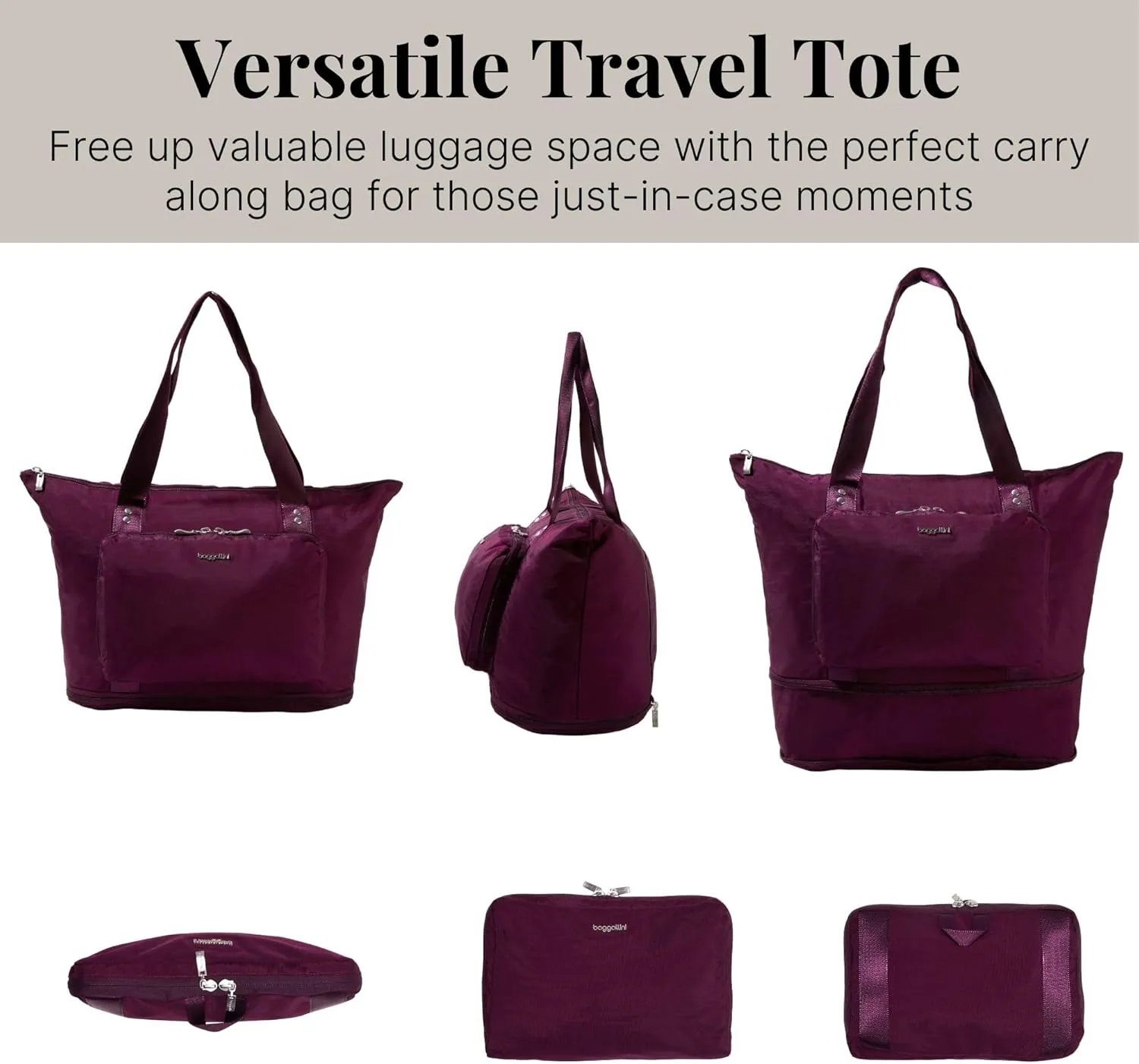Baggallini Carryall Expandable Lightweight Travel Tote 22" Packable Folding Compact Nylon Washable Weekender w/Luggage Sleeve