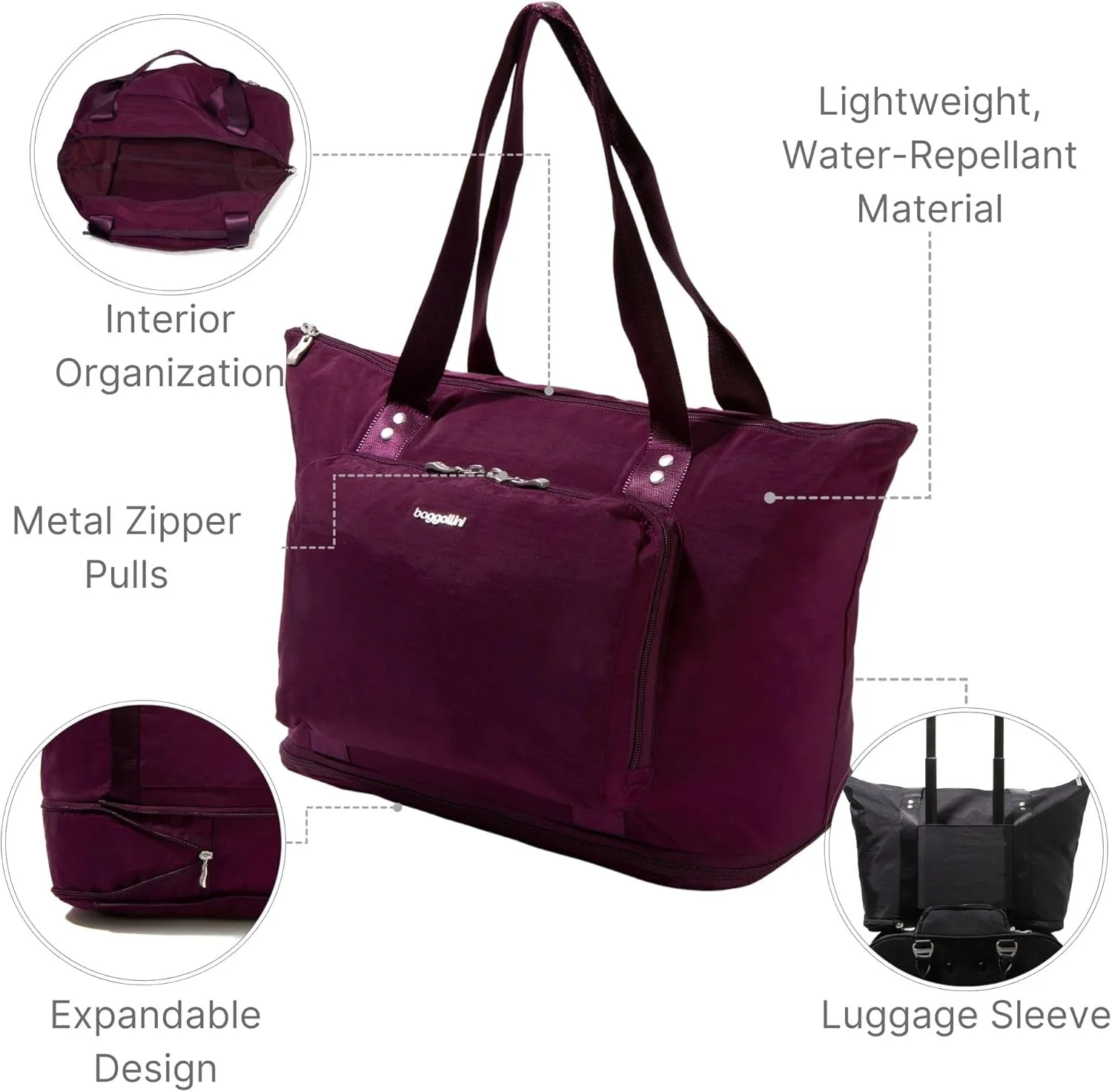 Baggallini Carryall Expandable Lightweight Travel Tote 22" Packable Folding Compact Nylon Washable Weekender w/Luggage Sleeve