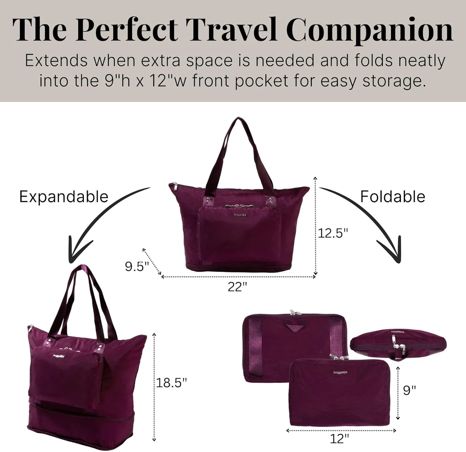 Baggallini Carryall Expandable Lightweight Travel Tote 22" Packable Folding Compact Nylon Washable Weekender w/Luggage Sleeve