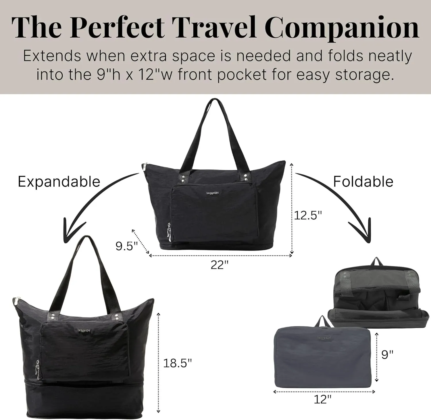 Baggallini Carryall Expandable Lightweight Travel Tote 22" Packable Folding Compact Nylon Washable Weekender w/Luggage Sleeve