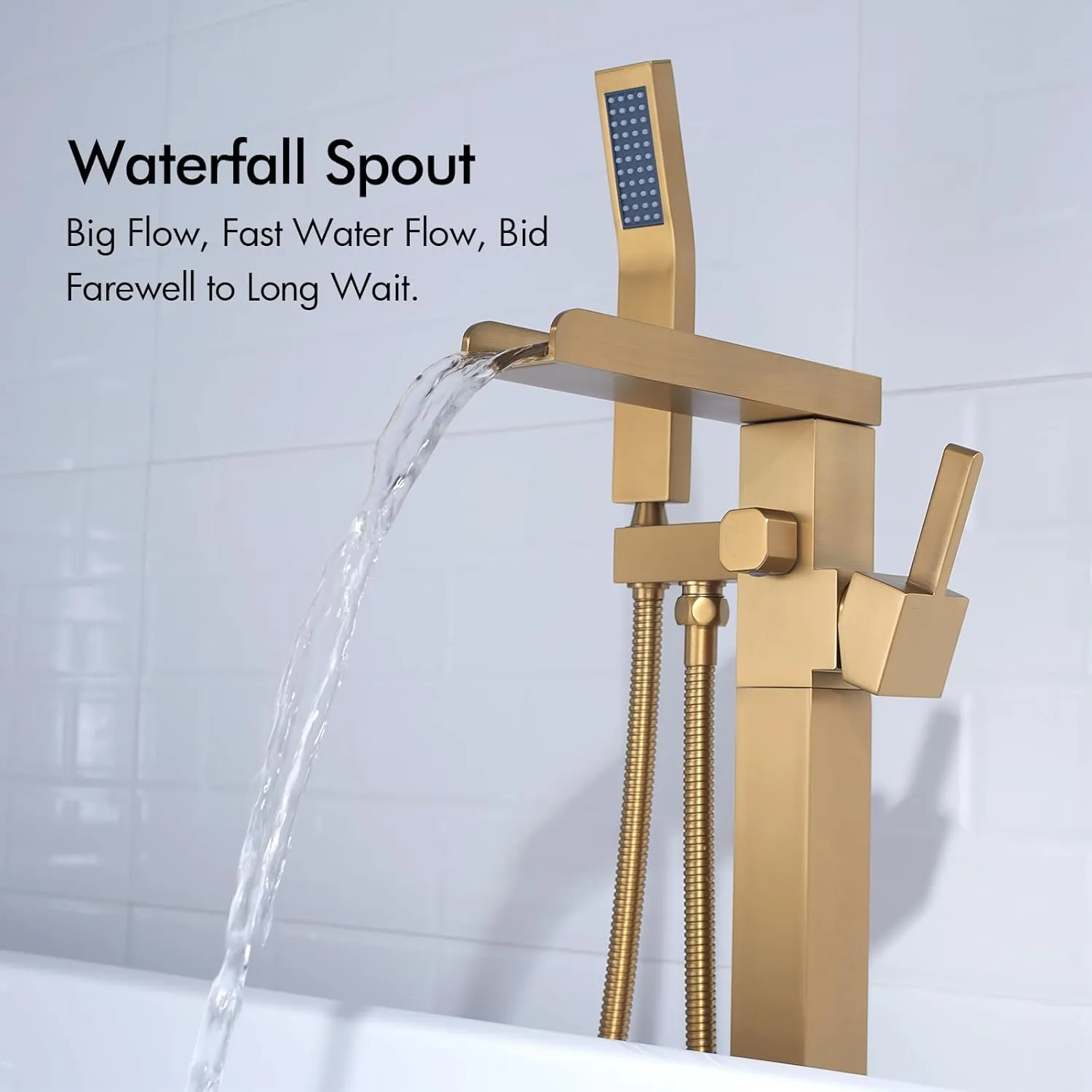 BAGNOLUX Bathtub Faucet Tub Filler Floor Mount Bathroom Faucets Brass Single Handle with Hand Shower (Waterfall Style B, Brushed Brass)