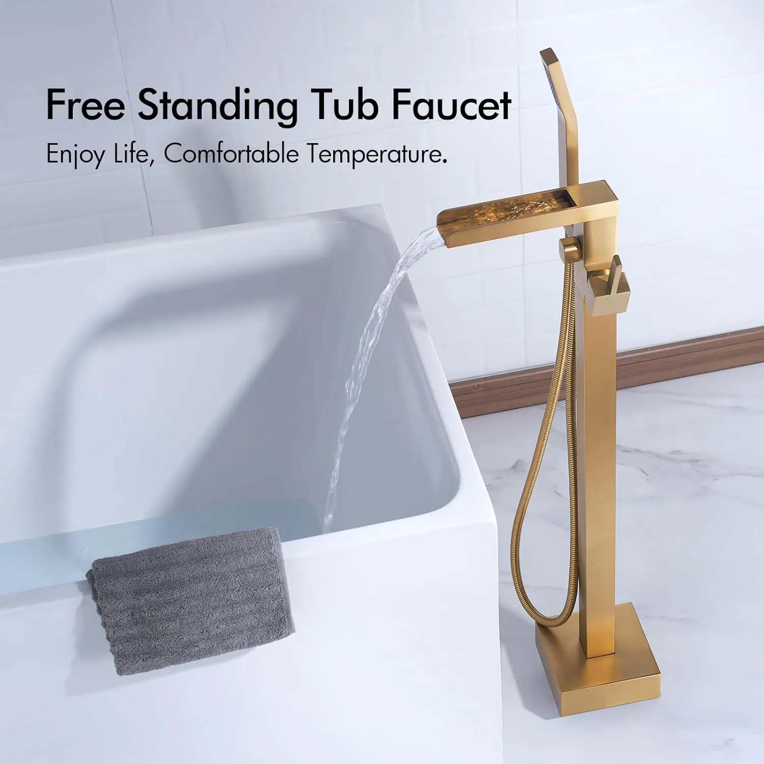 BAGNOLUX Bathtub Faucet Tub Filler Floor Mount Bathroom Faucets Brass Single Handle with Hand Shower (Waterfall Style B, Brushed Brass)